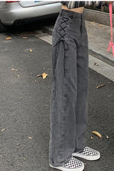 Pantalones vaqueros grises largos con cintura alta y lazo lateral